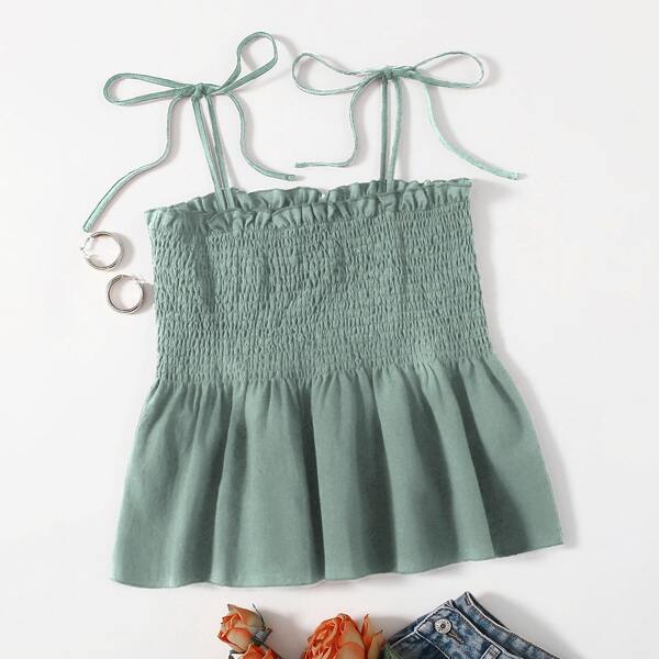 

Knot Shoulder Ruffle Hem Shirred Cami Top, Cadet blue