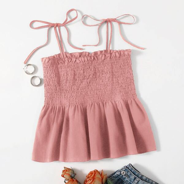 

Knot Shoulder Ruffle Hem Shirred Cami Top, Dusty pink