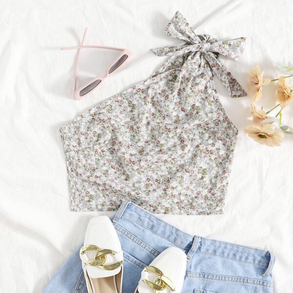 

One Shoulder Knot Detail Ditsy Floral Top, Multicolor