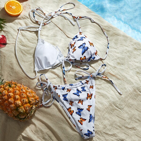 

Random Butterfly Print Frill Bikini Swimsuit, Multicolor