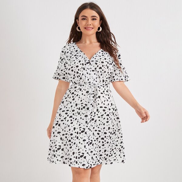 

Plus Allover Print Belted Dress, Black and white