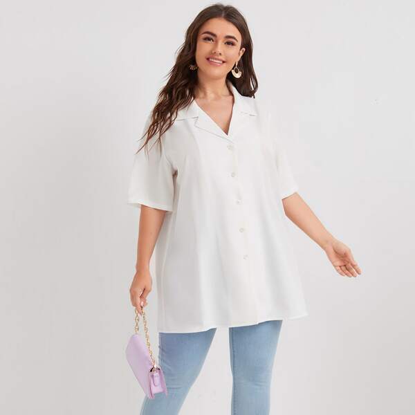 

Plus Button Up Solid Longline Blouse, White