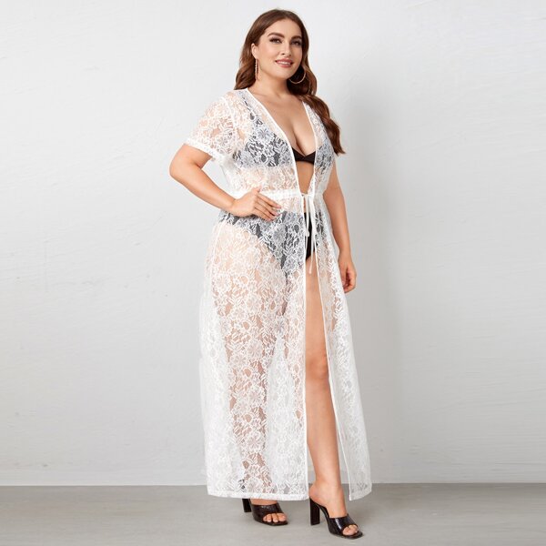 

Plus Drawstring Waist Lace Kimono, White
