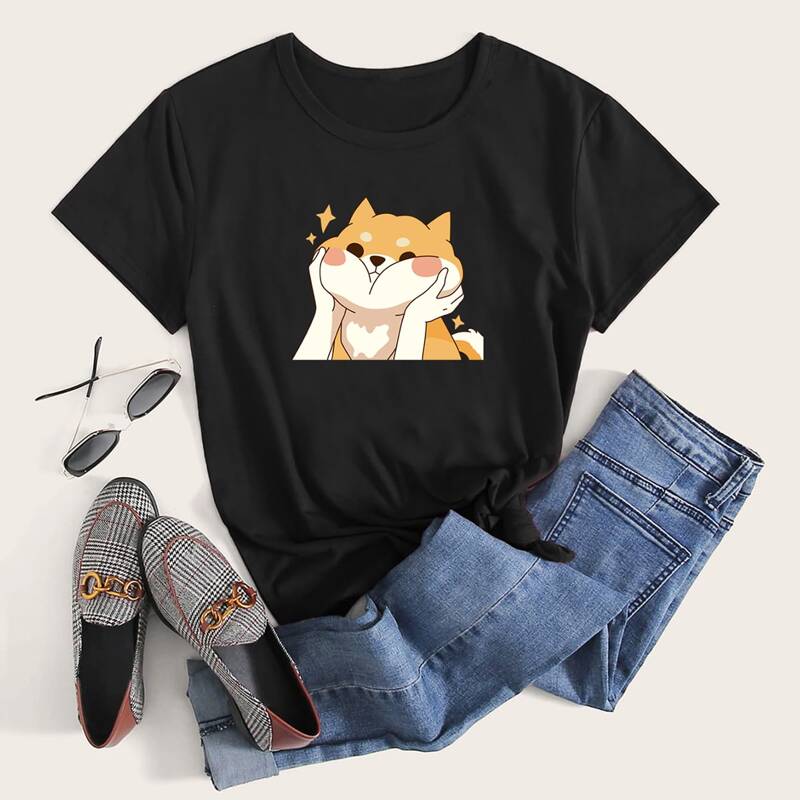 

Cartoon Dog Graphic Tee, Black