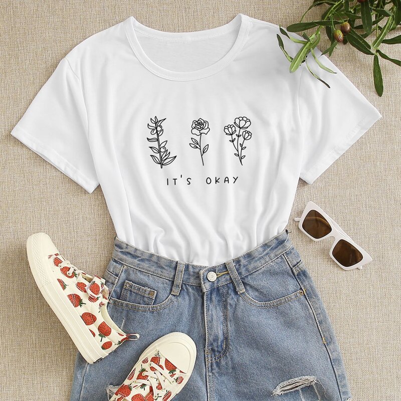 

Floral & Slogan Graphic Tee, White