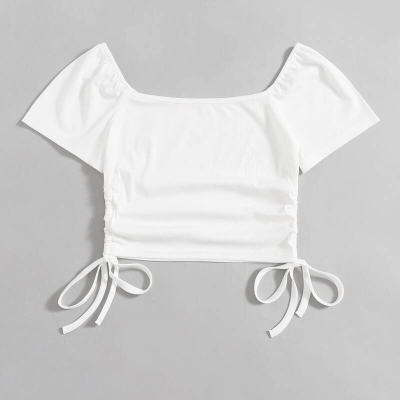 

Solid Drawstring Ribbed Tee, White