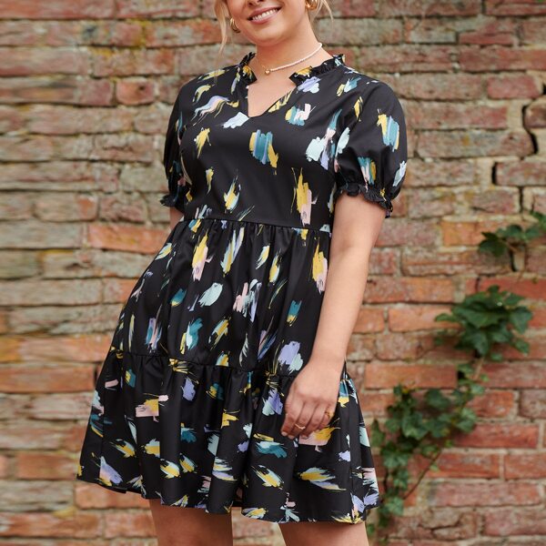 

Plus Brush Stroke Print Frill Trim Notch Neck Dress, Black