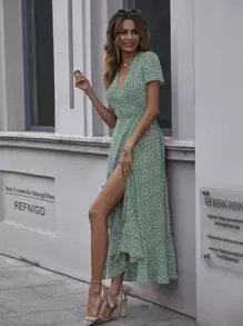 SHEIN Clasi Ditsy Floral Print Knot Wrap Dress - Green - View 5