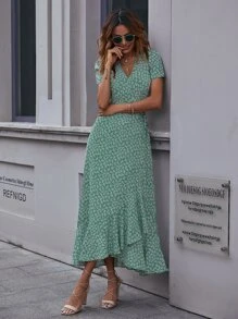 SHEIN Clasi Ditsy Floral Print Knot Wrap Dress - Green - View 6