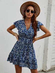 SHEIN Holidaya Đầm Xù Họa tiết hoa Boho - Màu xanh hải quân - Xem 3