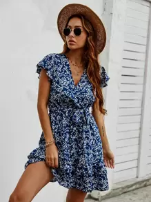 SHEIN Holidaya Đầm Xù Họa tiết hoa Boho - Màu xanh hải quân - Xem 4