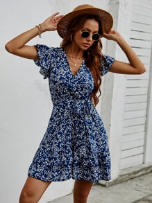 SHEIN Holidaya Đầm Xù Họa tiết hoa Boho - Màu xanh hải quân - Xem 5