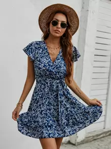 SHEIN Holidaya Đầm Xù Họa tiết hoa Boho - Màu xanh hải quân - Xem 6