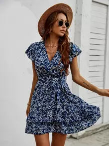 SHEIN Holidaya Đầm Xù Họa tiết hoa Boho - Màu xanh hải quân - Xem 7