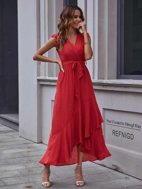 surplice neck self tie a line dress