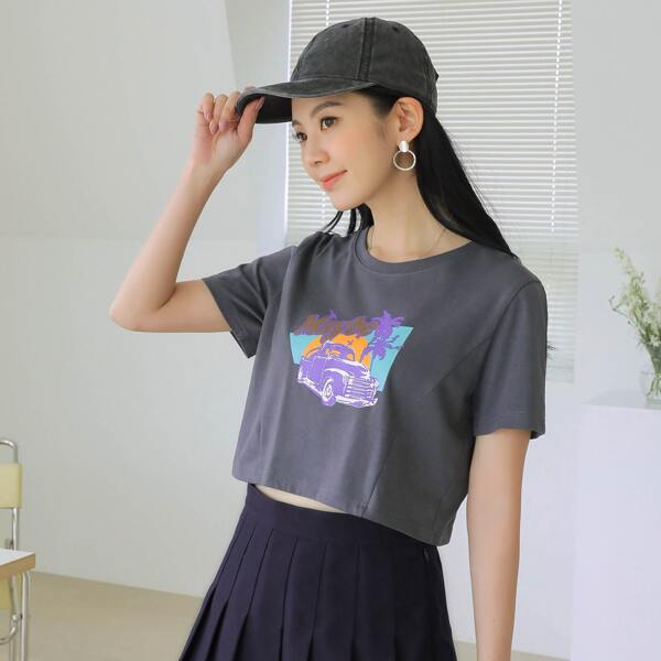 

Car And Letter Graphic Crop Tee, Dark grey