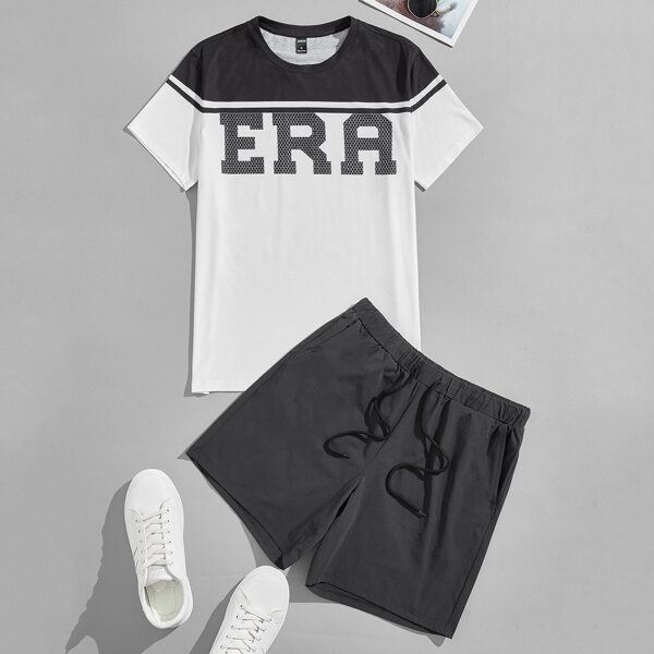 

Men Letter Graphic Colorblock Tee and Shorts Set, Black and white