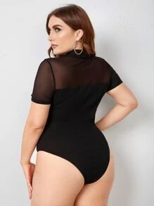 SHEIN Privé Plus Mock Neck Mesh Insert Bodysuit - Black - View 3