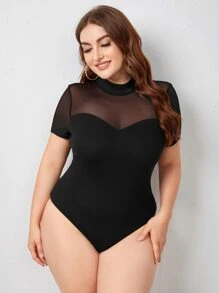 SHEIN Privé Plus Mock Neck Mesh Insert Bodysuit - Black - View 4