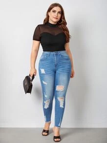 SHEIN Privé Plus Mock Neck Mesh Insert Bodysuit - Black - View 5