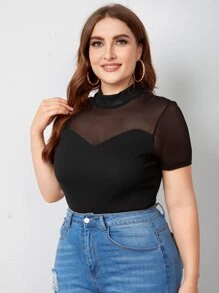 SHEIN Privé Plus Mock Neck Mesh Insert Bodysuit - Black - View 6