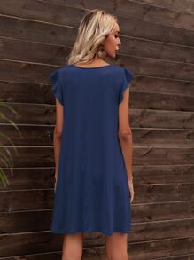 DEARCASE Ruffle Armhole Solid Dress - Navy Blue - View 2