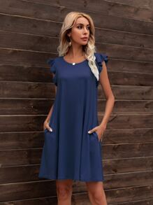 DEARCASE Ruffle Armhole Solid Dress - Navy Blue - View 3