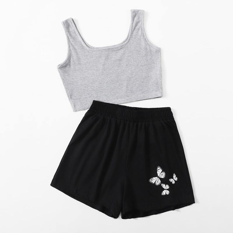 

Solid Ribbed Tank Top & Butterfly Graphic Shorts, Multicolor