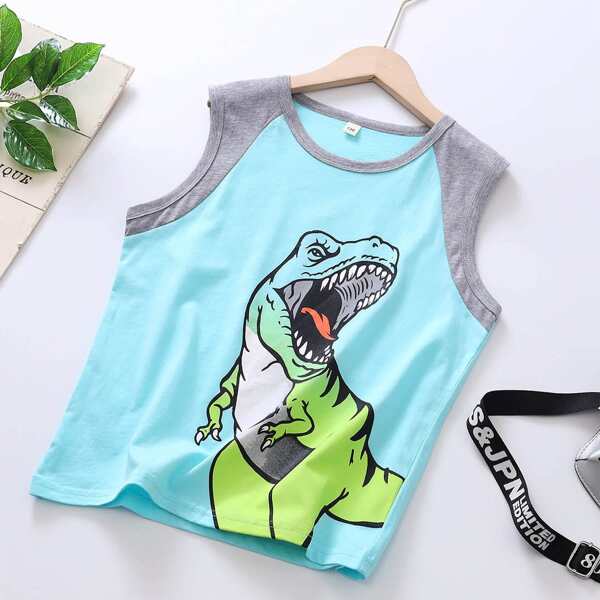 

Boys Dinosaur Print Tank Top, Mint blue