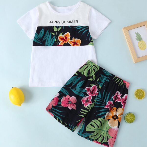 

Toddler Boys Slogan Graphic Tee With Tropical Print Shorts, Multicolor