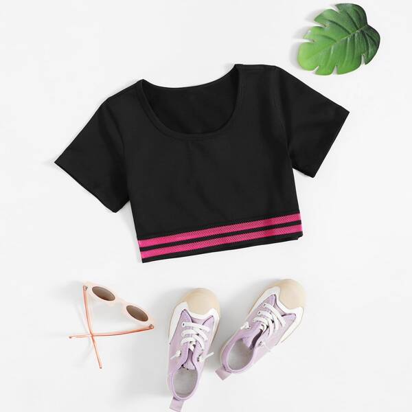 

Girls Medium Stretch Striped Print Sports Tee, Black