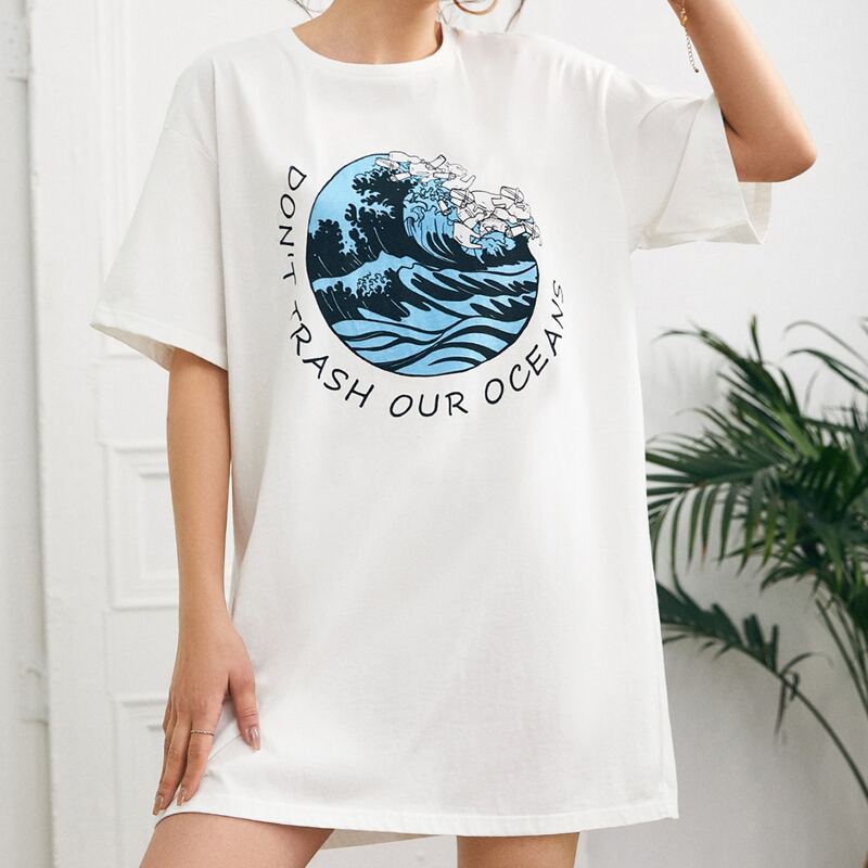 

Drop Shoulder Slogan & Wave Print Dress, White