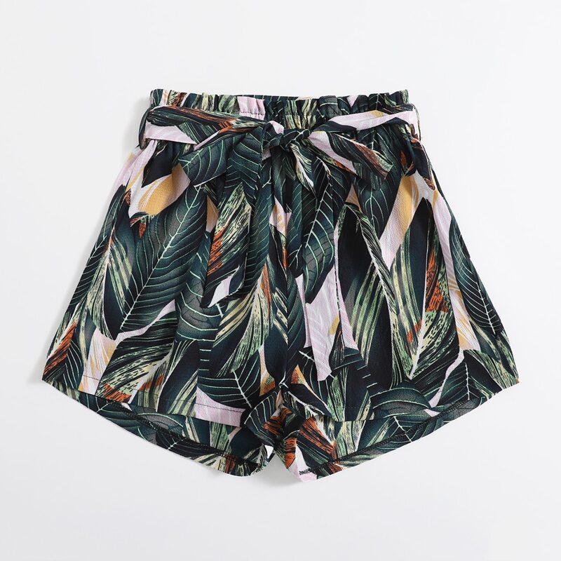 

Leaf Print Belted Shorts, Multicolor