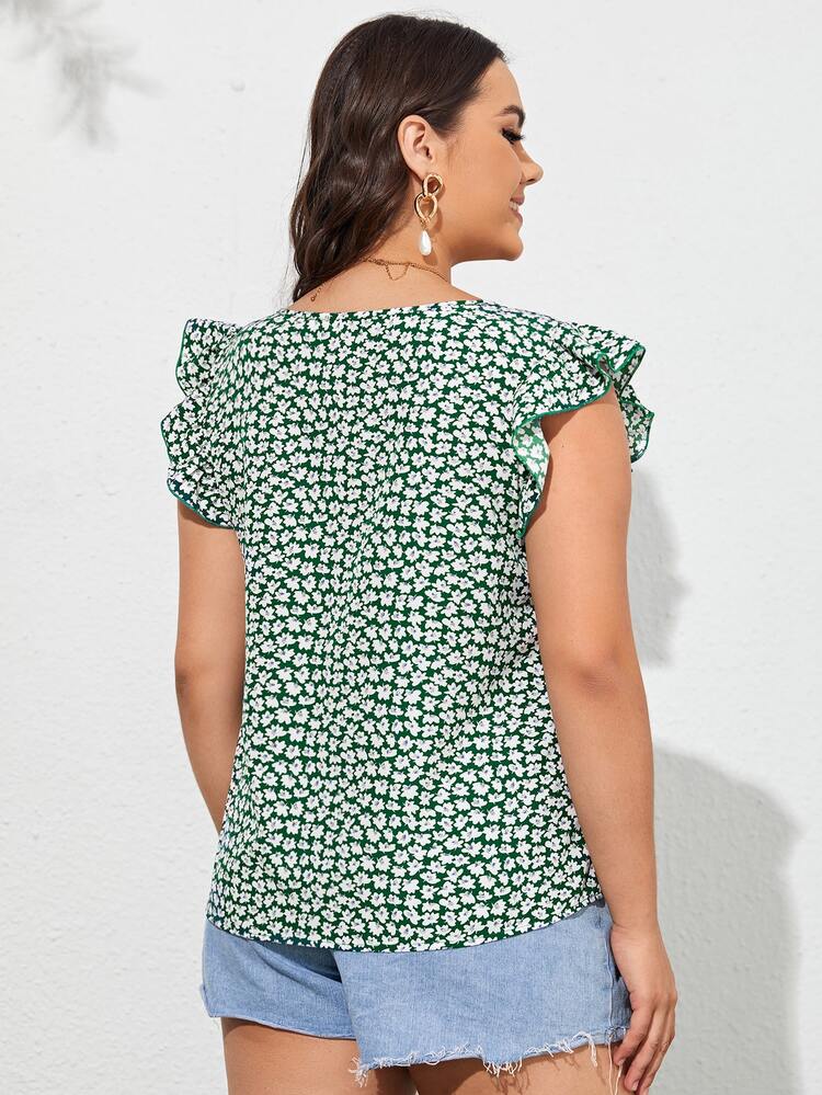 SHEIN VCAY Plus V-neck Ruffle Trim Ditsy Floral Top - Multicolor - View 2