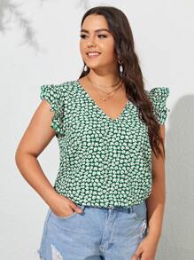 SHEIN VCAY Top con estampado floral ribete con fruncido de cuello V - Multicolor - Ver 4