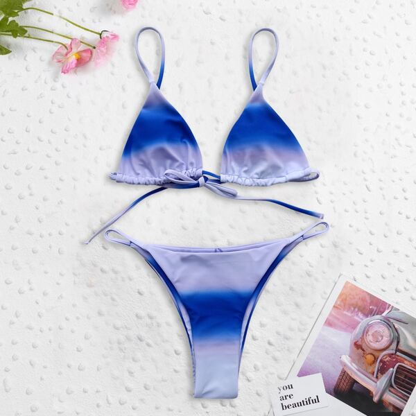 

Ombre Triangle Thong Bikini Swimsuit, Blue