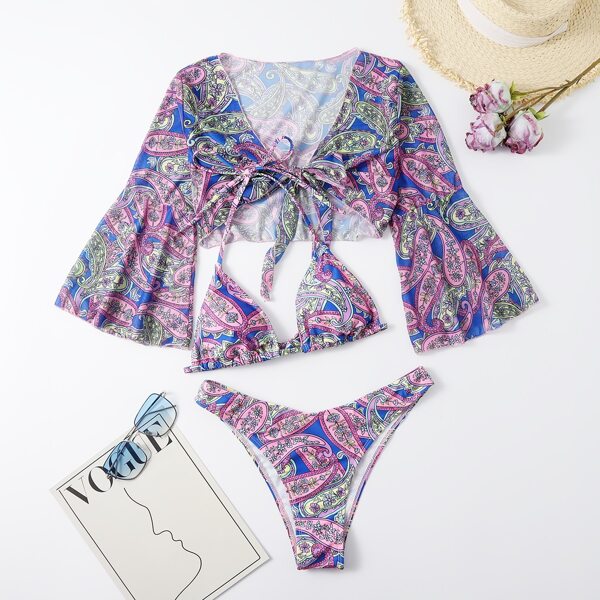 

3pack Paisley Print Triangle Bikini Swimsuit, Multicolor