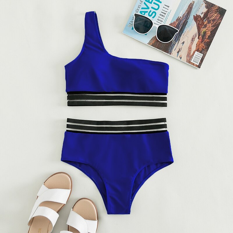 

Contrast Mesh One Shoulder Bikini Swimsuit, Royal blue