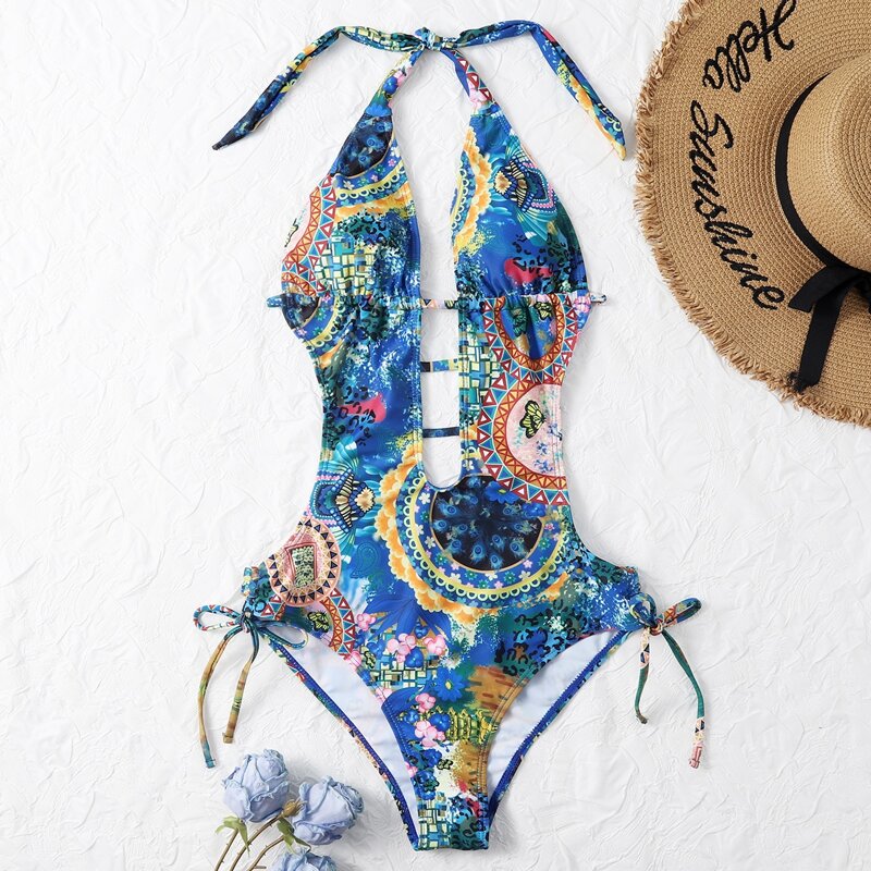 

Allover Graphic Plunging One Piece Swimsuit, Multicolor