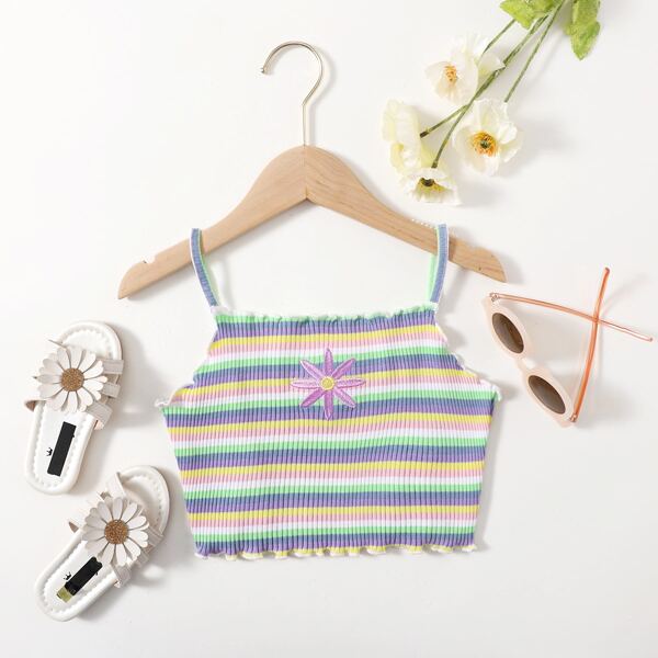 

Girls Striped Embroidery Lettuce Trim Cami Top, Multicolor