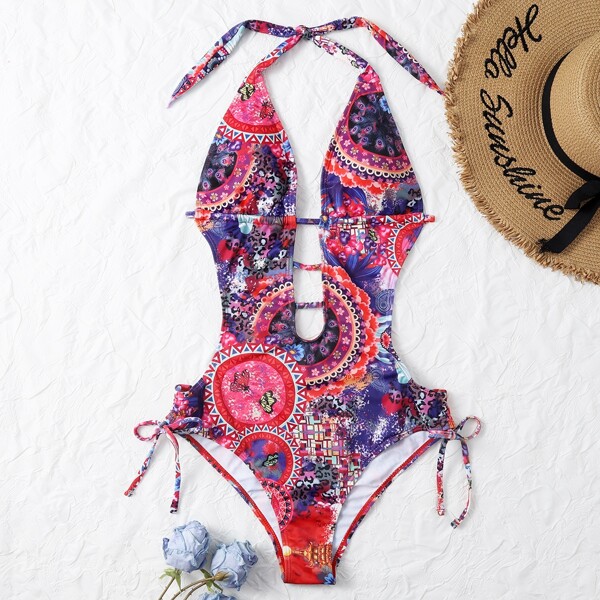 

Allover Graphic Plunging One Piece Swimsuit, Multicolor