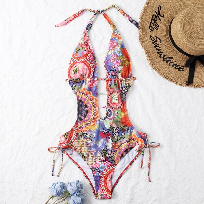 

Allover Graphic Plunging One Piece Swimsuit, Multicolor