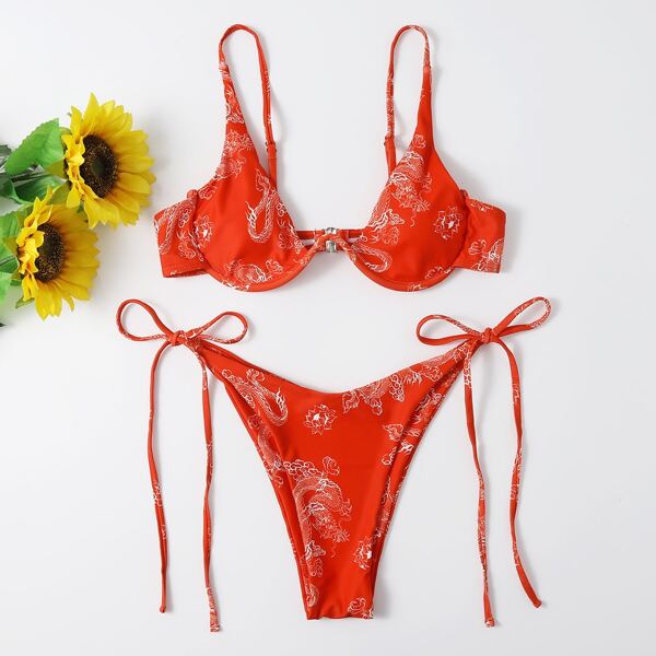 

Chinese Dragon Underwire Tie Side Bikini Swimsuit, Red