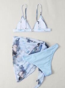 3packs Marble Print Triangle Bikini Set & Beach Skirt - Baby Blue - View 2