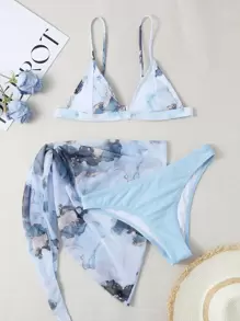 3packs Marble Print Triangle Bikini Set & Beach Skirt - Baby Blue - View 1