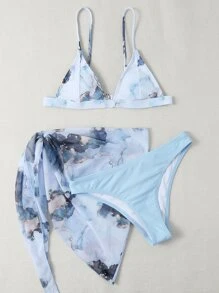3packs Marble Print Triangle Bikini Set & Beach Skirt - Baby Blue - View 3