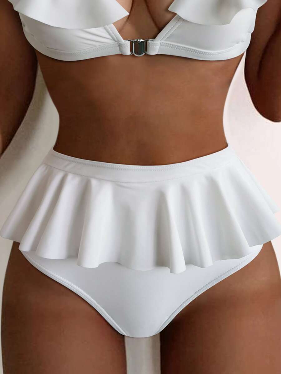 Ruffle High Waist Bikini Bottom - White - View 1