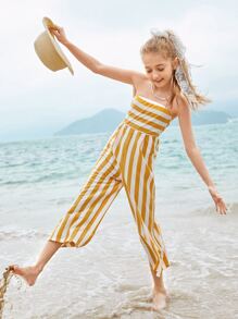 SHEIN Girls Striped Tube Jumpsuit - Yellow - View 1