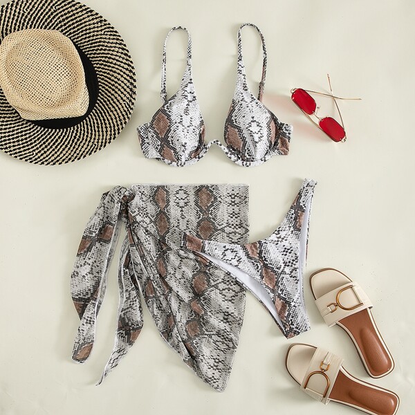 

3pack Snakeskin Bikini Swimsuit & Cover Up, Multicolor