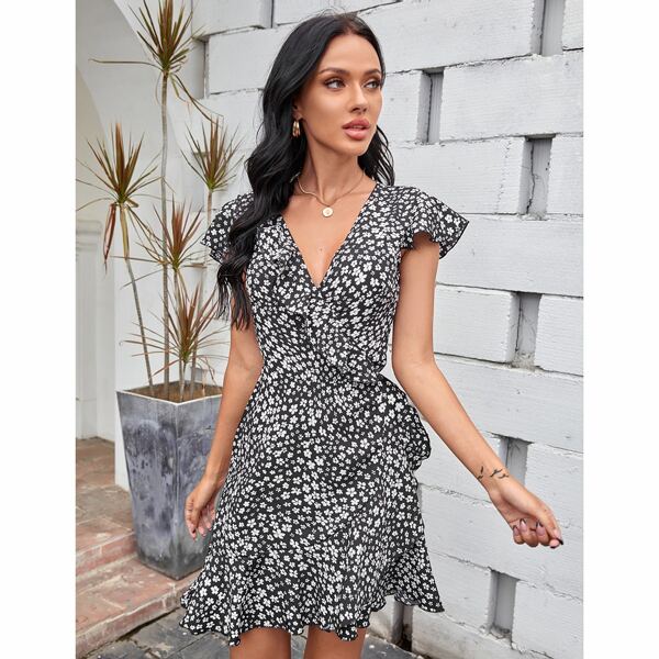 

Ruffle Trim Ditsy Floral Wrap Dress, Black and white